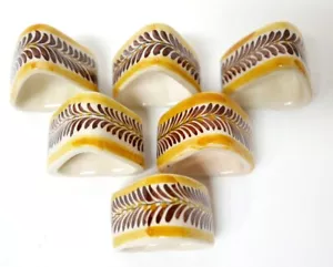 Hand Made Triangle Napkin Ring Holders Mexican Ceramic 6 Hand Painted Gold Brown - Picture 1 of 5