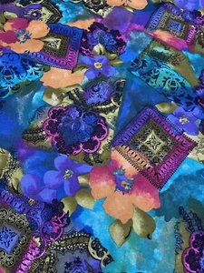 Purple Green Pink Blue Floral Rayon Challis Fabric 3 1/2 Yds Soft Drapes Well - Picture 1 of 3