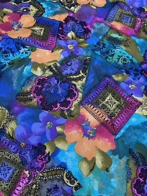 Purple Green Pink Blue Floral Rayon Challis Fabric  3 1/2 Yds Soft Drapes Well - Image 1 of 3