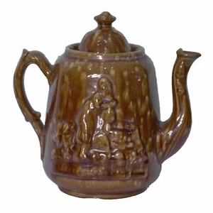 Antique Rockingham Glaze Teapot of Rebekah at the Well Brown/Yellowware - Picture 1 of 4