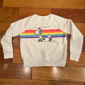 Gap Kids Peanuts Snoopy Cartoon Sweatshirt Sz L (10) Pullover White Rainbow - Picture 1 of 6