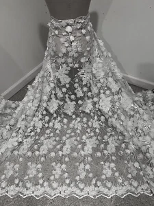 White Silver 3D Embroidery Sequins Lace Fabric 50” Width 1 Yard - Picture 1 of 5