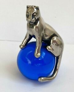 Cartier Sterling Silver Panthere Figurine Paperweight Royal Blue Crystal Ball