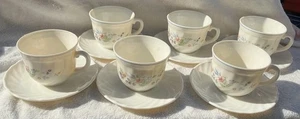 Vintage Set Of Six Arcopal Cups and Saucers White Milk Glass Victoria Flowers - Picture 1 of 11