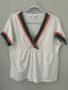 Bunulu Crochet Accent Shirt Blouse L White Top Empire Waist Surplice Womens - Picture 1 of 5