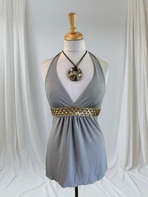 Babydoll Gris Y2K Halter Top 2000S Imitación Cuero Metálico Plateado Dorado Ropa de Club S Foto 1 de 4
