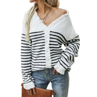 Pretty Garden Cardigan Sweater Women M Stripes Nautical Buttons Soft Ruffle - Image 1 of 4