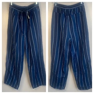 Vintage y2k 907 Company gestreifte Leinenmischung Kordelzug Hose maritim blau L Neu mit Etikett - Bild 1 von 12