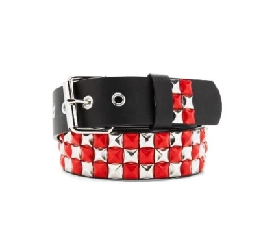 Cinturón Rocker Tachonado Adulto Mediano 32 Rojo Plata Negro Tres Filas Pirámide Motociclista NUEVO Foto 1 de 4