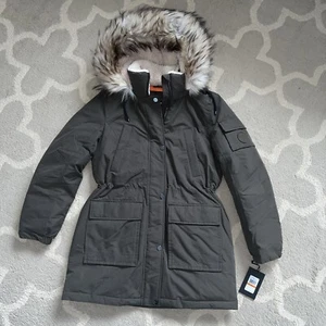 DKNY Parka Jacket Olive Green Hooded Full Zipped Faux Fur Women's Size Small New - Picture 1 of 3