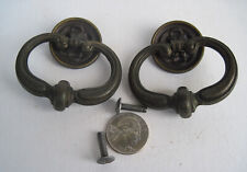  2 Solid Brass Vintage Pulls Drop Bail Handles Drawer Tin/Steel Backplate