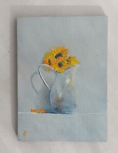 Original ACEO William Jamison Miniature Oil Painting Still Life Jug Sunflowers