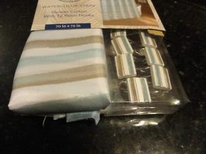 13 pc Caribbean Joe watercolor teal blue brown stripes fabric Shower Curtain - Picture 1 of 5