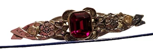 Vintage Floral Brooch silver Tone Metal Red glass Art Nouveau - Picture 1 of 3