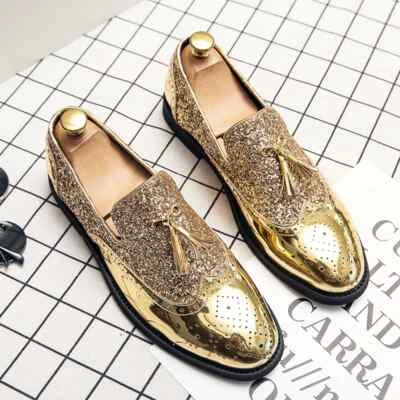 Zapatos de vestir para hombre sin cordones con borlas planos brillantes lentejuelas mocasines calzado de fiesta Foto 1 de 4