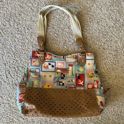 Lily Bloom Purse Travel Print Retro Handbag Double Handles Pink Lining - Image 1 of 4