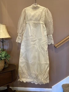 Vintage 1970s Satin, Chiffon and Lace ivory Wedding Dress with Train and Veil - Picture 1 of 14