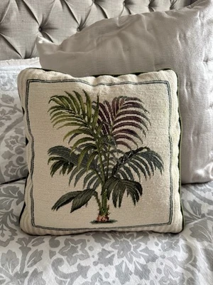 Needlepoint Palm Tree Throw Pillow 15" Tropical Coastal Beige Stripe Handmade - Image 1 of 4