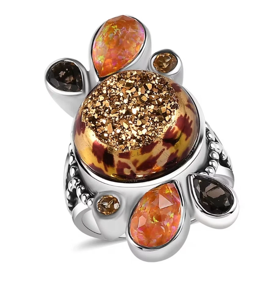 Anillo Sajen Astral Leopardo Oro Ventana Drusy Cuarzo y MultiPiedras Preciosas Talla 8 Plata 925 Foto 1 de 4
