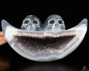 Geoda de amatista ágata de 8,0" cristal tallado calaveras dobles y luna, cristal curativo - Imagen 1 de 9