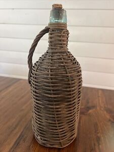 Antique 13" Primitive Demijohn Glass Wine Bottle Woven Wicker Handles Jug
