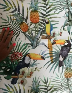 Green yellow Bird Tropical Upholstery parrot toucan Velvet Designer fabric 0.5m - Picture 1 of 11