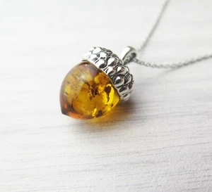 Sterling Silver Genuine Cognac Amber Lucky Acorn Pendant Necklace Mothers Day - Picture 1 of 2