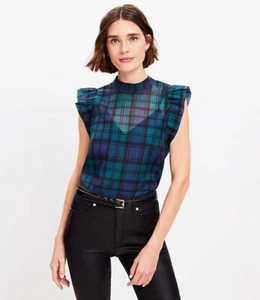 Ann Taylor LOFT kariertes transparentes Oberteil mit Schleife hinten Rüschen Damen L Bayberry türkis Organza - Bild 1 von 18