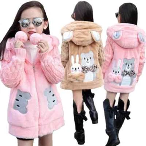 Thick Keep Warm Winter Girls Jacket Hooded Knitting Sleeve Plush Outerwear Kids - Picture 1 of 35