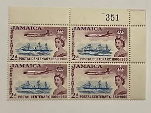 1960 JAMAICA STAMPS PLATE BLOCK #178 WITH TABS MINT MNH OG WEST INDIES CENTENARY - Picture 1 of 2