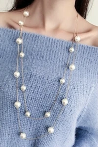 Long Statement Sweater T Shirt Gold Faux Pearl Fashion Necklace Bridal Gift UK - Picture 1 of 2