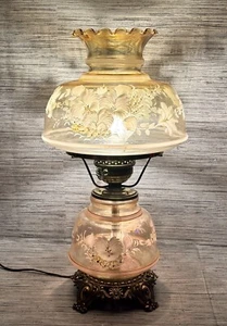 Vtg Gone with the Wind 3-Way Lamp Iridescent Amber w/ White Hand Painted Flowers - Picture 1 of 18