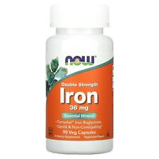 Now Foods Iron Double Strength 36 mg 90 Veg Capsules GMP Quality Assured, Vegan,