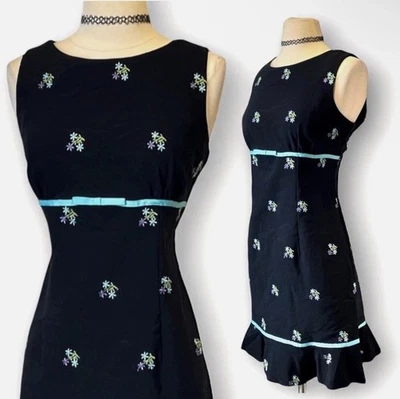 Vintage Black Floral Babydoll Dress Embroidered 90s Pin-Up Officecore Whimsigoth - Image 1 of 4