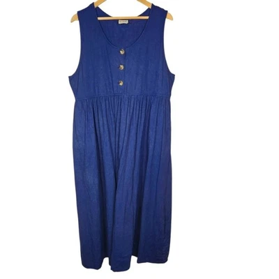 Vintage 90s Cottagecore Blue Sleeveless Dress Jumper Linen Pinafore Grandma L - Image 1 of 4