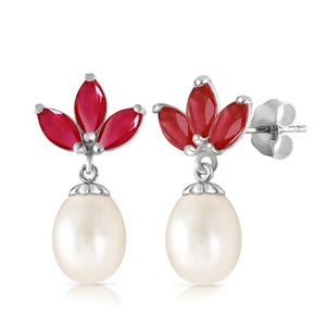 14K. SOLID GOLD DANGLING EARRING WITH PEARLS & RUBIES (White Gold) - Picture 1 of 6