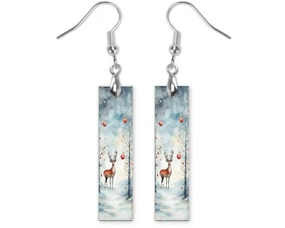 Earrings, Christmas Deer Wood Bar Printed Earrings Jewelry - Image 1 of 4