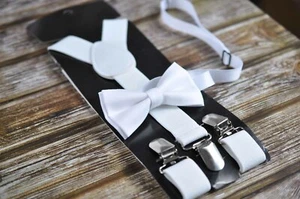 White Bow tie Bowtie and Elastic Suspenders Braces set for baby boy Youth Adult - Imagen 1 de 7