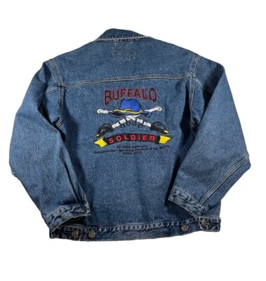 Vtg 90s Buffalo Soldier Mens Denim Jacket S Black History Embroidered Graphic - Image 1 of 4
