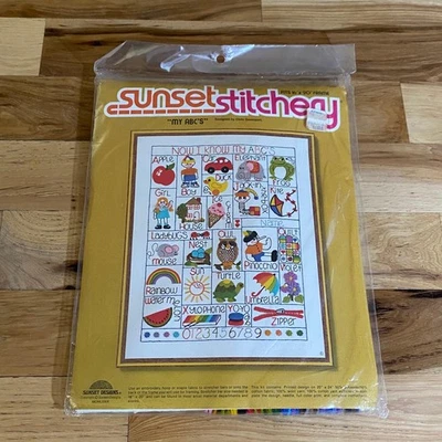 Vintage Sunset Stitchery Embroidery Kit 16x20 Picture ABCs 70s MCM Retro NEW NOS - Image 1 of 4
