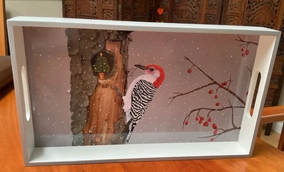 Lacquered Wood Tray by Paperproducts Design Winter Holiday Woodpecker 12x7” - Image 1 of 4