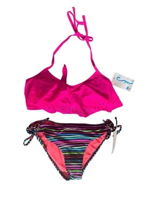 California Waves 2 Piece Swimsuit Pink Top, Rainbow Striped Bikini Bottom, Sz M - Image 1 of 4