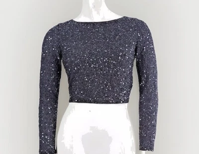 Top corto Alice + Olivia negro adornado con lentejuelas manga larga talla 4 Foto 1 de 4