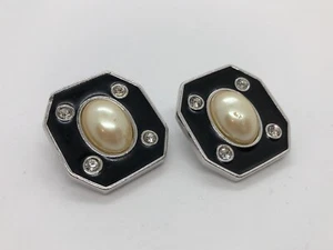 VTG AUTH YSL YVES SAINT LAURENT PARIS EARRINGS FAUX PEARLS CRYSTAL BLACK ENAMEL - Picture 1 of 12