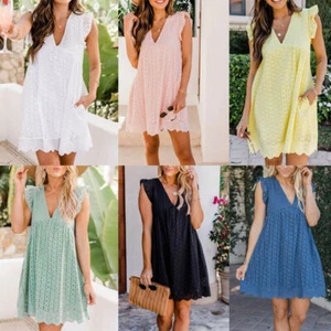 Summer Women Sleeveless Cotton Short Dress California Romper Pleated Skirt S-3XL - Picture 1 of 23