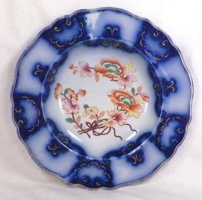 Royal Worcester Chamberlain Soup Bowl Flow Blue Flowers Gold Scrolls Antique - Image 1 of 4