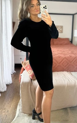 All Week Long Size 12 Black Velvet Long Sleeve Knee Length Dress Shoulder Pads - Image 1 of 4