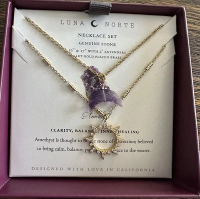 Juego de 2 collares de latón enchapado Luna Norte piedra amatista/sol 14KT claridad/equilibrio Foto 1 de 4