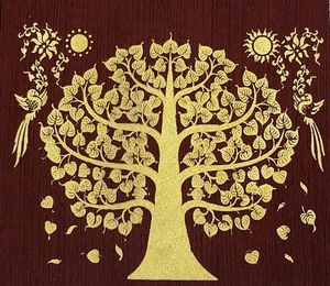 Gold BODHI TREE Figurine Thai Art Red Silk Print Painting Poster Asian Home Deco - Picture 1 of 9