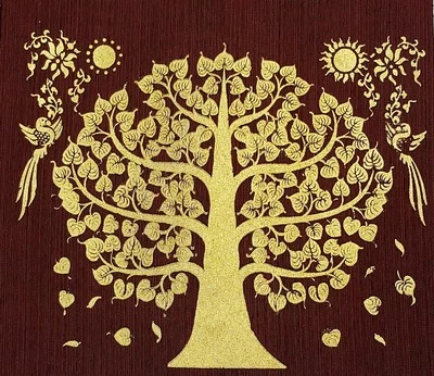 Gold BODHI TREE Figurine Thai Art Red Silk Print Painting Poster Asian Home Deco - Image 1 of 4